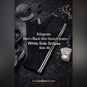 Kilogram Men’s Black Slim Stretch Jeans White Side Stripes Distressed Size 38x32